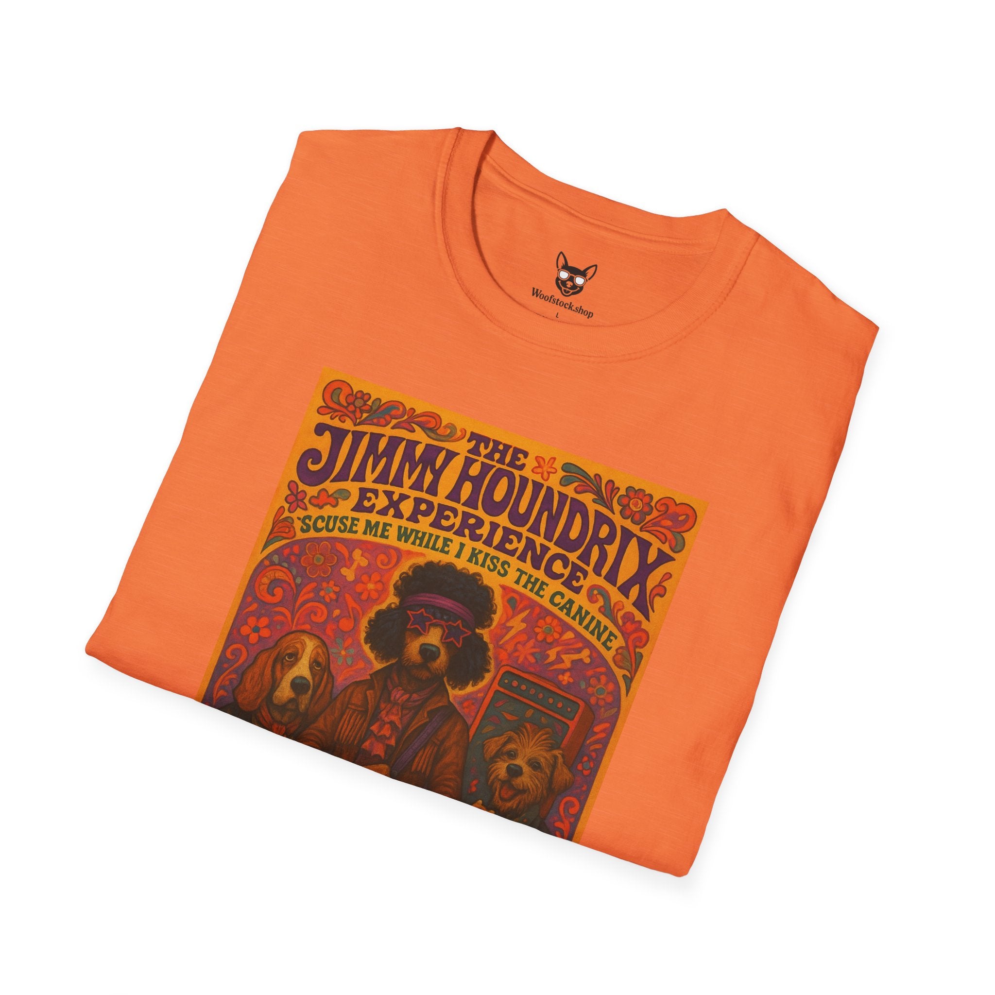 Jimi Hendrix Concert Poster Dog Parody Unisex Softstyle T-Shirt -- Funny Rock Tee for Music and Dog Lovers